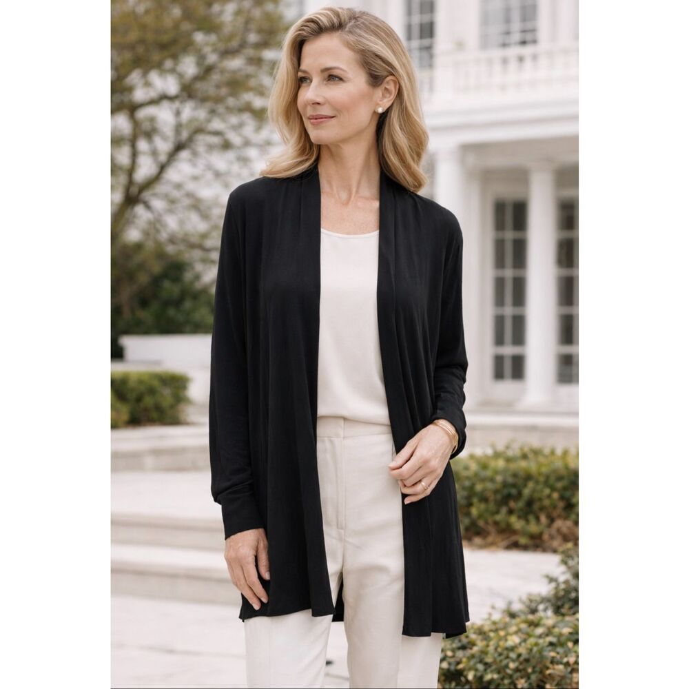 Eileen Fisher Black Silk Open Front Cardigan | Sustainable Minimalist Layer | Si